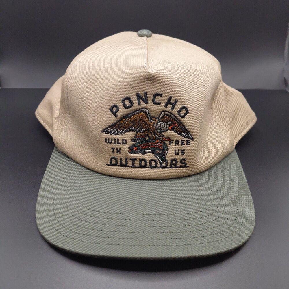 Poncho Outdoors Hat Cap Snap Back Tan Green Embroidered Eagle Mens Wild Free TX
